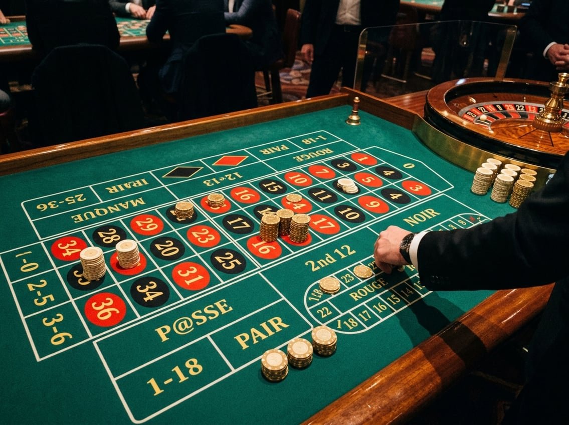 Roulette table with red and black betting layout and gold chips