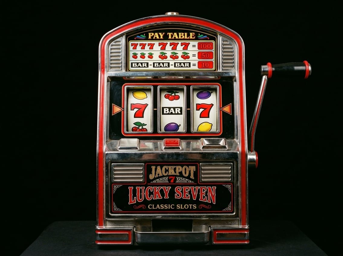 Vintage slot machine reels with red sevens and black lever