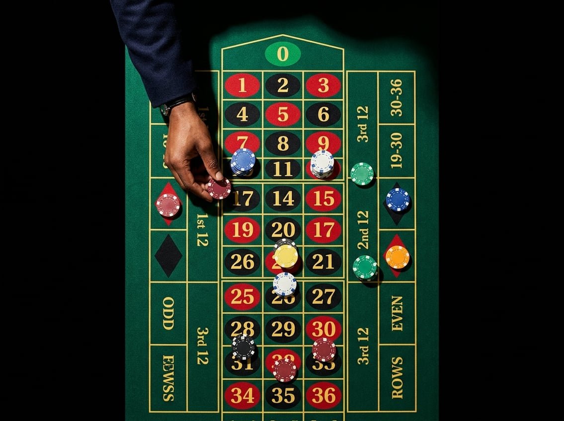 Roulette wheel with red and black numbers, ball in motion